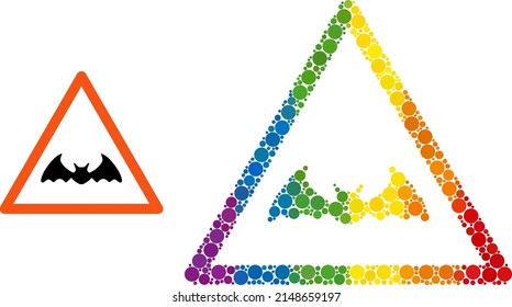 Bat warning mosaic icon of round items in various sizes and spectrum multicolored color hues. A dotted LGBT-colored bat warning for lesbians, gays, bisexuals, and transgenders.