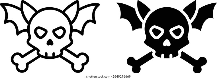 Bat Wing Skull Crossbones Icon Vector Black and White Halloween Design