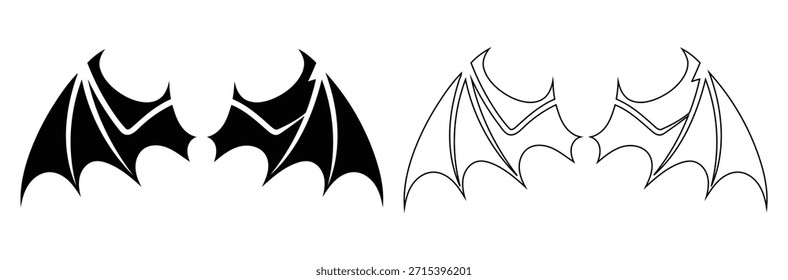 Bat wings in black and white on white background.Bat wings silhouette vector flat illustration design.bat wing icon vector outline symbol or illustration