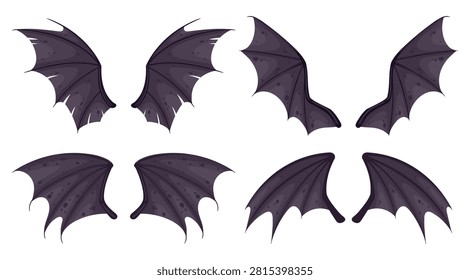 Bat wings collection. Different flying bat wing shapes flat vector illustration set. Halloween vampire wing elements isolated on white background