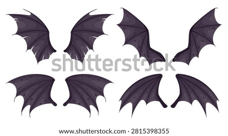 Bat wings collection. Different flying bat wing shapes flat vector illustration set. Halloween vampire wing elements isolated on white background