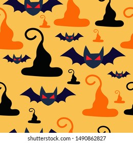 Bat and witch hat for Halloween and ghost skeleton pattern seamless event