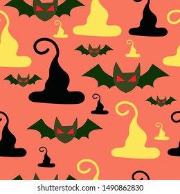 Bat and witch hat for Halloween and ghost skeleton pattern seamless event