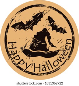 Bat and witch hat icon vector shabby emblem design old retro style. Happy Halloween atmosphere vintage grunge sign. Shape image on craft paper. Classic traditional symbol of Halloween. All Saints' Eve