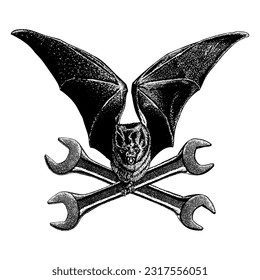 bat and wrenches hand drawing vector isolated on white background.