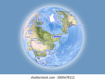 Batagay-Russia is shown on vector globe map. The map shows Batagay-Russia 's location in the world.