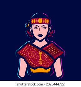 Batak people woman Pop Art logo. Colorful toba asian ethnic wedding dress design with dark background. Vector illustration. Isolated dark background for t-shirt, poster, clothing, merch, apparel