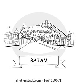 Batam Hand-Drawn Urban Vector Sign. Black Line Art Illustration with Ribbon and Title.