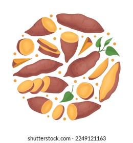 Batata or Sweet Potato Root Vegetable Round Arrangement Vector Template