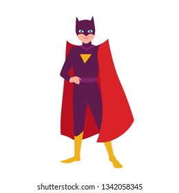 Batboy. Teenage Kid In Bat Costume Standing In Heroic Pose. Fantastic Child Hero With Super Power. Teen Superhero Wearing Mask And Cape. Superkid, Superchild. Flat Cartoon Vector Illustration.