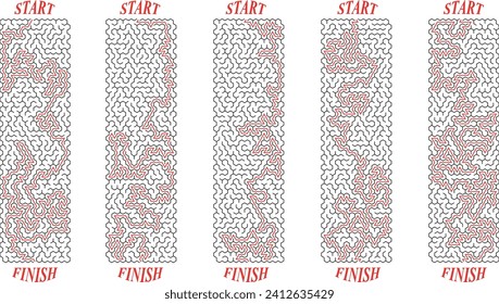 Batch of 5 vertical long lenght rectangular labyrinths. Set of stretched mazes with solutions. Black and white riddles collection. Brainstorm puzzle for books, print, family activity.