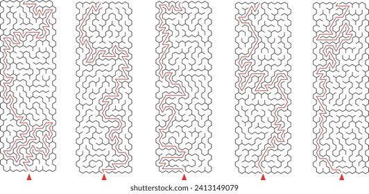 Batch of 5 vertical long lenght rectangular labyrinths. Set of stretched mazes with solutions. Black and white riddles collection. Brainstorm puzzle for books, print, family activity.