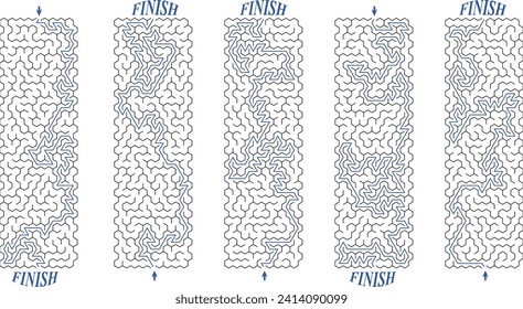 Batch of 5 vertical long lenght rectangular labyrinths. Set of stretched mazes with solutions. Black and white riddles collection. Brainstorm puzzle for books, print, family activity.