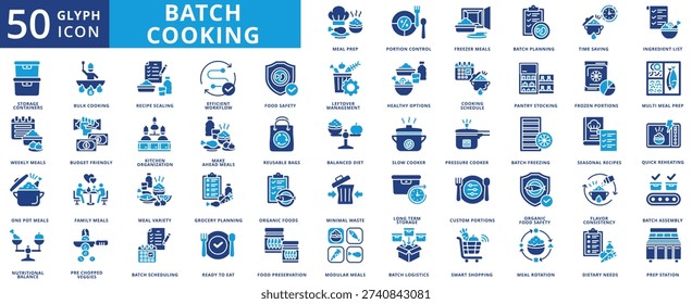 batch cooking icon pack flat contains quick reheating, make ahead meal, reusable bags, ingredient list, minimal waste, multi-meal prep, budget-friendly, healthy option, prep station, ready to eat