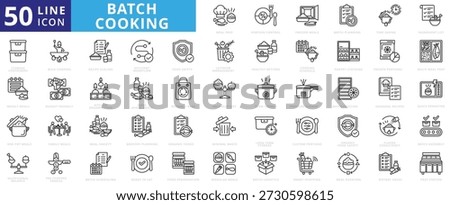 batch cooking icon pack outline contains quick reheating, make ahead meal, reusable bags, ingredient list, minimal waste, multi-meal prep, budget-friendly, healthy option, prep station, ready to eat