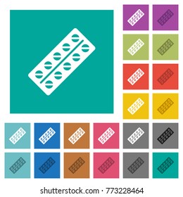Batch of pills in blister pack multi colored flat icons on plain square backgrounds. Included white and darker icon variations for hover or active effects.