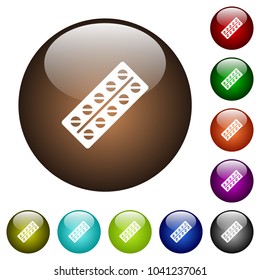 Batch of pills in blister pack white icons on round color glass buttons