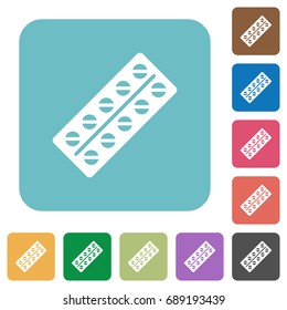 Batch of pills in blister pack white flat icons on color rounded square backgrounds