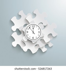Batch of puzzle pieces with clock on the gray background. Eps 10 vector file.