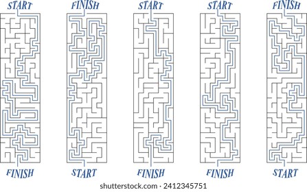 Batch of vertical long lenght rectangular labyrinths. Set of stretched mazes with solutions. Black and white riddles collection. Brainstorm puzzle for books, print, web games