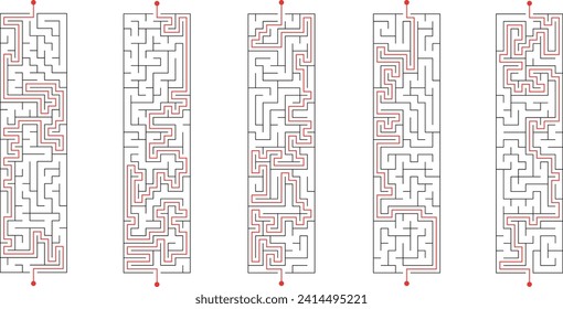 Batch of vertical long lenght rectangular labyrinths. Set of stretched mazes with solutions. Black and white riddles collection. Brainstorm puzzle for books, print, web games