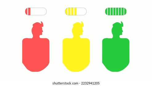 baterry as a symbol of human life . when a person is exhausted the battery is red and when people is strong and happy battery is green. Concept people activity vector illustration