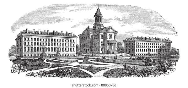 Bates College In Lewiston, Maine, Vintage Engraved Illustration. Trousset Encyclopedia (1886 - 1891).