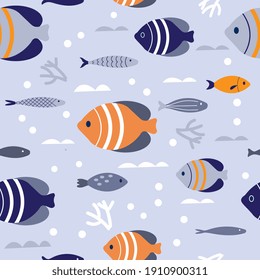 Batfish blue and orange geometric seamless pattern backdrop. Underwater fish scene with coral and waves, sea-life background for fabric, upholstery, wallpaper, textile prints, and gift wrapping paper.