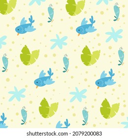 Fondo de patrón geométrico sin soldadura de color azul y naranja de los peces. Escena de peces subacuáticos con coral y olas, fondo marino para tela, tapicería, papel pintado, impresiones textiles y papel de envoltura de regalo.