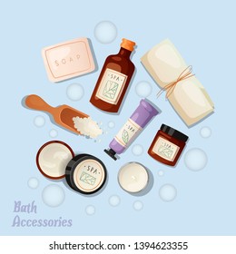 Bath accessories banner vector illustration. Realistic plastic containers bottles, tubes and jars for cream, body lotion, shampoo and soap, milk and gel. Organic spa supplies.