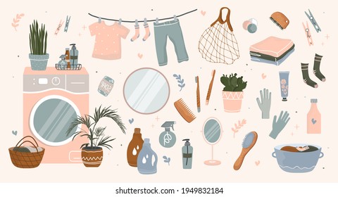 Badezubehör für Körperpflege. Vektorgrafik. Wäscheservice, Waschmaschine und Pulver. Kosmetik und Hygiene. Elemente für die Inneneinrichtung der Badezimmer. Mit Kitzeln und Aufklebern.