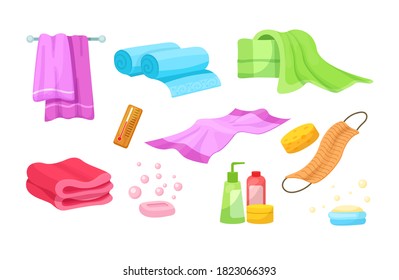 Bath accessories cartoon set. Differents bath towels, bathrobes, hygiene products, towels in stack rolled, clothes dryer, hanging accessories, soap dishes, brooms for bathroom cartoon vector