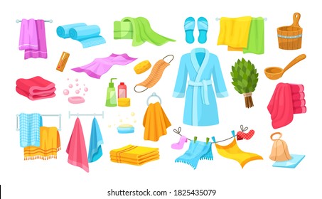 Bath accessories cartoon set. Differents bath towels, bathrobes, hygiene products, towels in stack rolled, clothes dryer, hanging accessories, soap dishes, brooms for bathroom cartoon vector