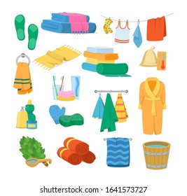 Bath accessories cartoon set. Bath towels, hygiene products, colorful towels in stack rolled, clothes dryer, hanging accessories, soap dishes, brooms for bath room, water barrel vector illustration