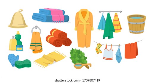 Bath accessories cartoon set. Bath towels, hygiene products, colorful towels in stack rolled, clothes dryer, hanging accessories, soap dishes, brooms for bath room, water barrel vector illustration