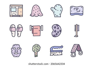Bath accessories color vector doodle simple icon set