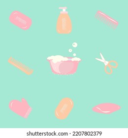Bath accessories color vector doodle simple icon set. Grooming Kit