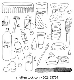 Bath accessories hand drawn doodle set. Vector illustration for backgrounds, web design, design elements, textile prints, covers, posters