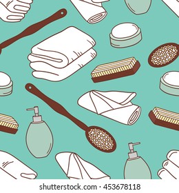 Bath accessories hand drawn seamless pattern. Colorful background with sketch objects. Doodle wallpaper vector