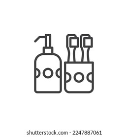 Icono de línea de accesorios de baño. signo de estilo lineal para concepto móvil y diseño web. Icono vectorial del contorno del cepillo de dientes y jabón. Símbolo, ilustración del logotipo. Gráficos vectoriales