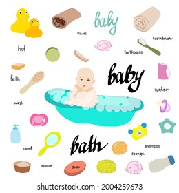 Bath accessories object vector design illustration. Baby Bath vector text, hand drawn lettering. Sweet bath baby accessories on white  background. Baby care supplies