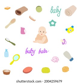 Bath accessories object vector design illustration. Baby Bath vector text, hand drawn lettering. Sweet bath baby accessories on white  background. Baby care supplies