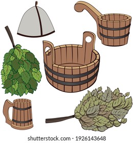 Bath accessories on a white background. Broom, hat, basin, ladle, bath mug. Vector illustration