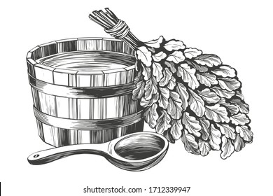 Sauna broom bath whisk with leaves linear icon Vector Image