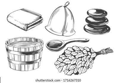 bath accessories, Russian sauna, water, steam broom, hand drawn vector illustration realistic sketch