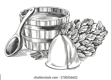 bath accessories, Russian sauna, water, steam broom, hand drawn vector illustration realistic sketch