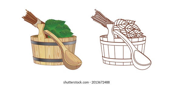 Bath accessories, Russian sauna, water, steam broom, hand drawn vector illustration sketch