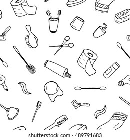 Bath accessories seamless pattern in doodle style.You can use each element separately.