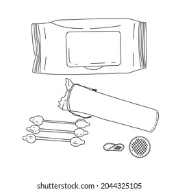 Accesorios de baño de estilo doodle. Esbozo gráfico. Ilustración vectorial.
