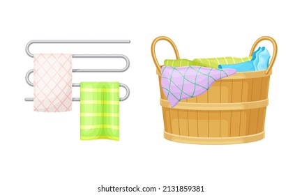 Conjunto de accesorios de baño. Cesta de lavado, ilustración del vector del carril de toallas calentado